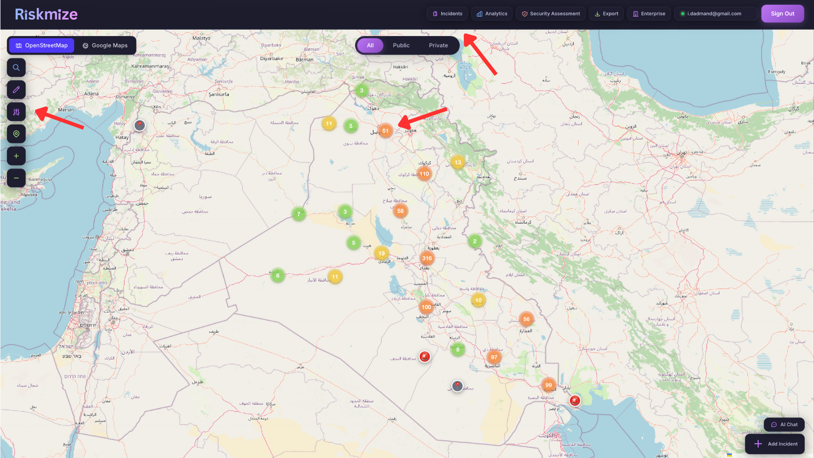 RiskMize Dashboard Overview - Global incident map with real-time markers
