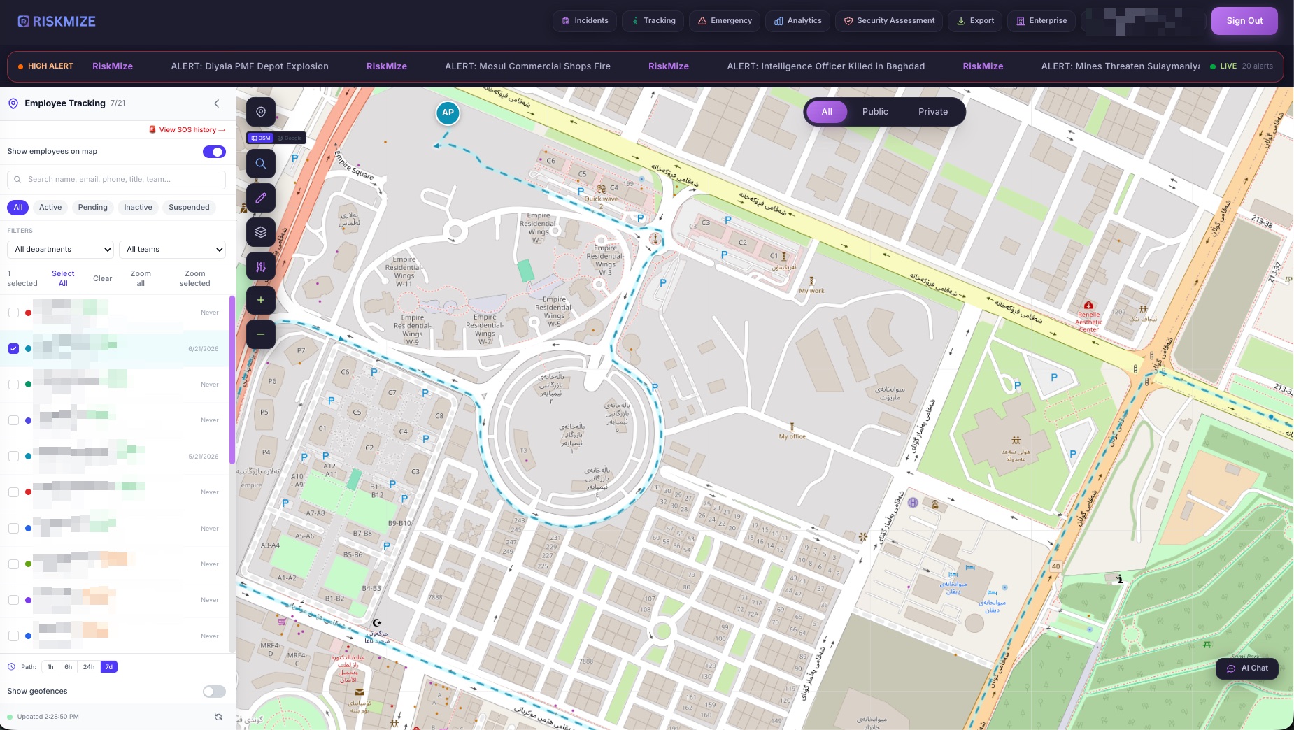 RiskMize command center — live employee tracking on the threat map
